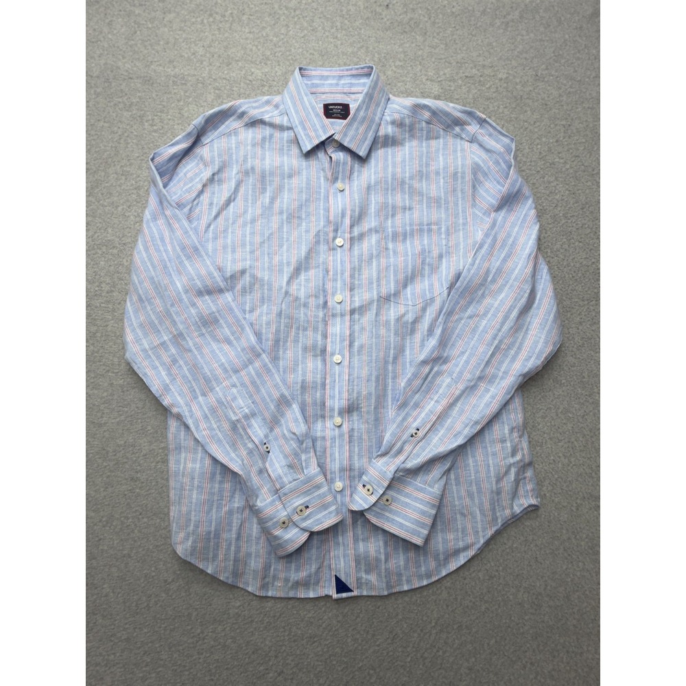 UNTUCKit Boyd-WR Shirt Mens Medium Blue Stripe Linen Long Sleeve Slim